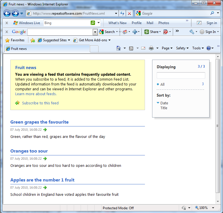 RSS feed displaying in Internet Explorer