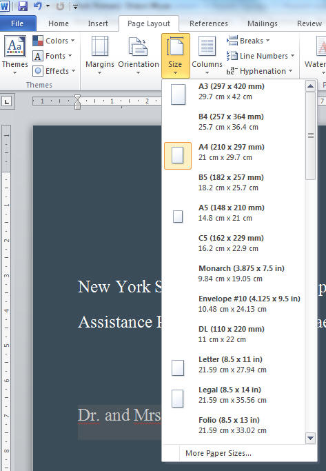 Word 2010 Custom paper sizes