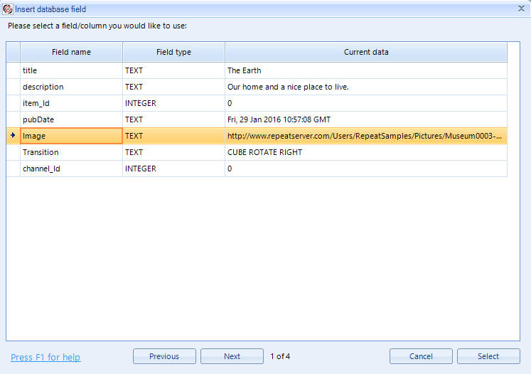 Select database field screen