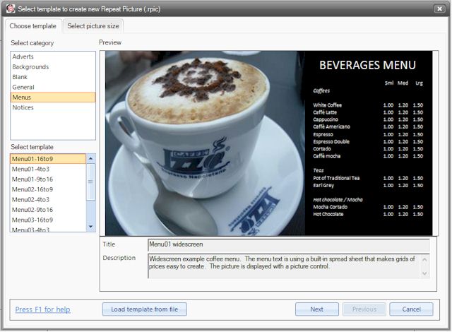 Create menu items for digital menu boards.