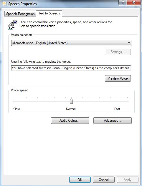 Windows speech properties window