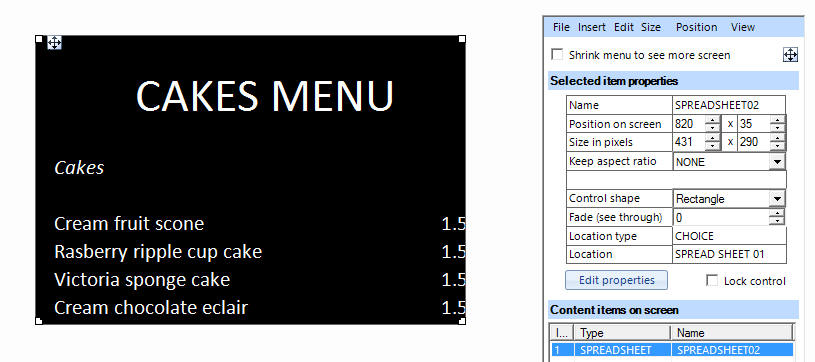 Repeat Signage designer screen editing spreadsheet size