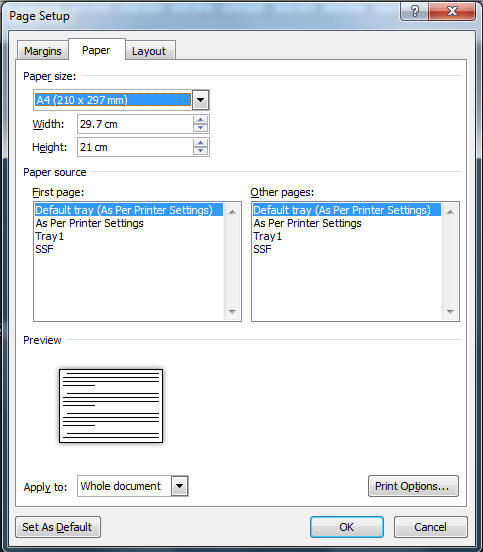 Word 2010 page setup screen