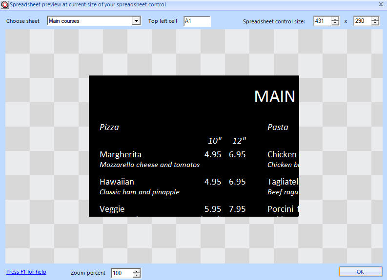 Spreadsheet preview at current size screen