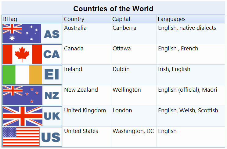 Countries of the world displayed in Repeat Signage data grid