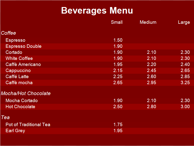 Repeat Signage beverages menu