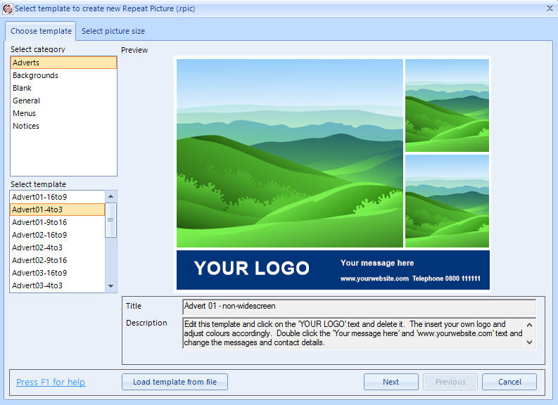 Select template to create new Repeat Picture screen