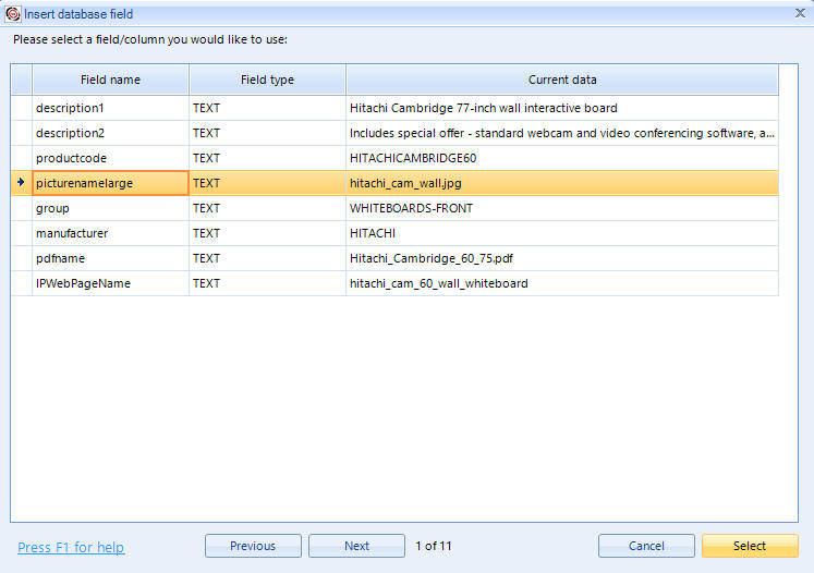 Insert database field screen