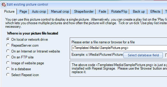 Edit existing picture control screen