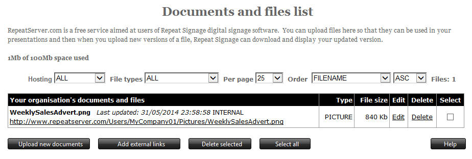 Documents and files list