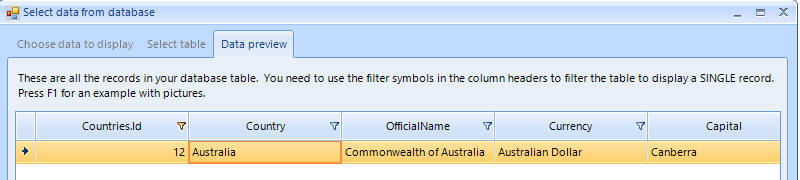 Select data from database screen
