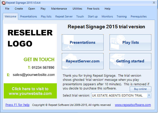 Repeat Signage main screen with reseller logo