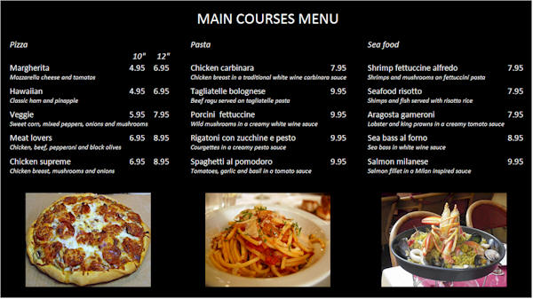 Main courses menu