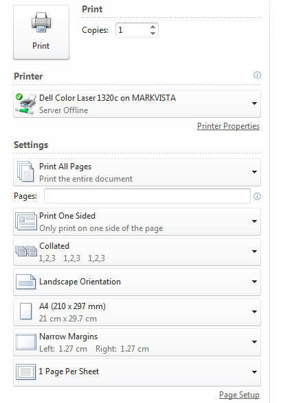 Word 2010 print dialog