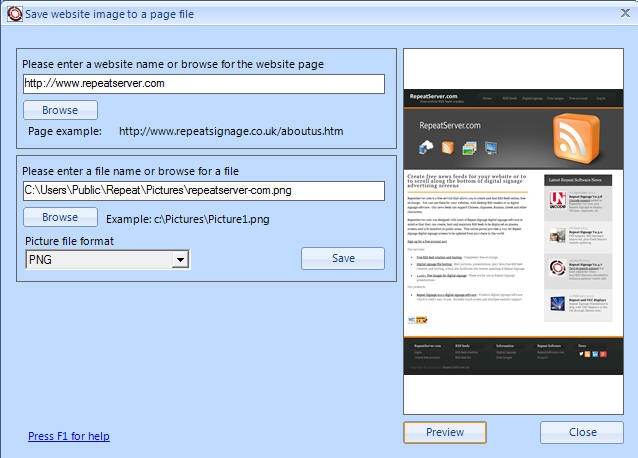 Save screen with preview of www.repeatserver.com